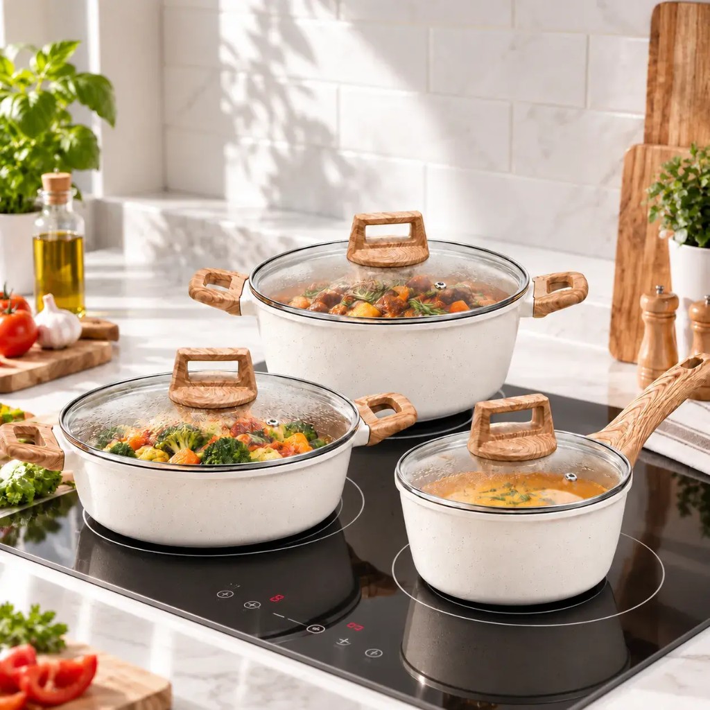 NOVERA cookware set with 5-layer thermal base cooking on an induction cooktop