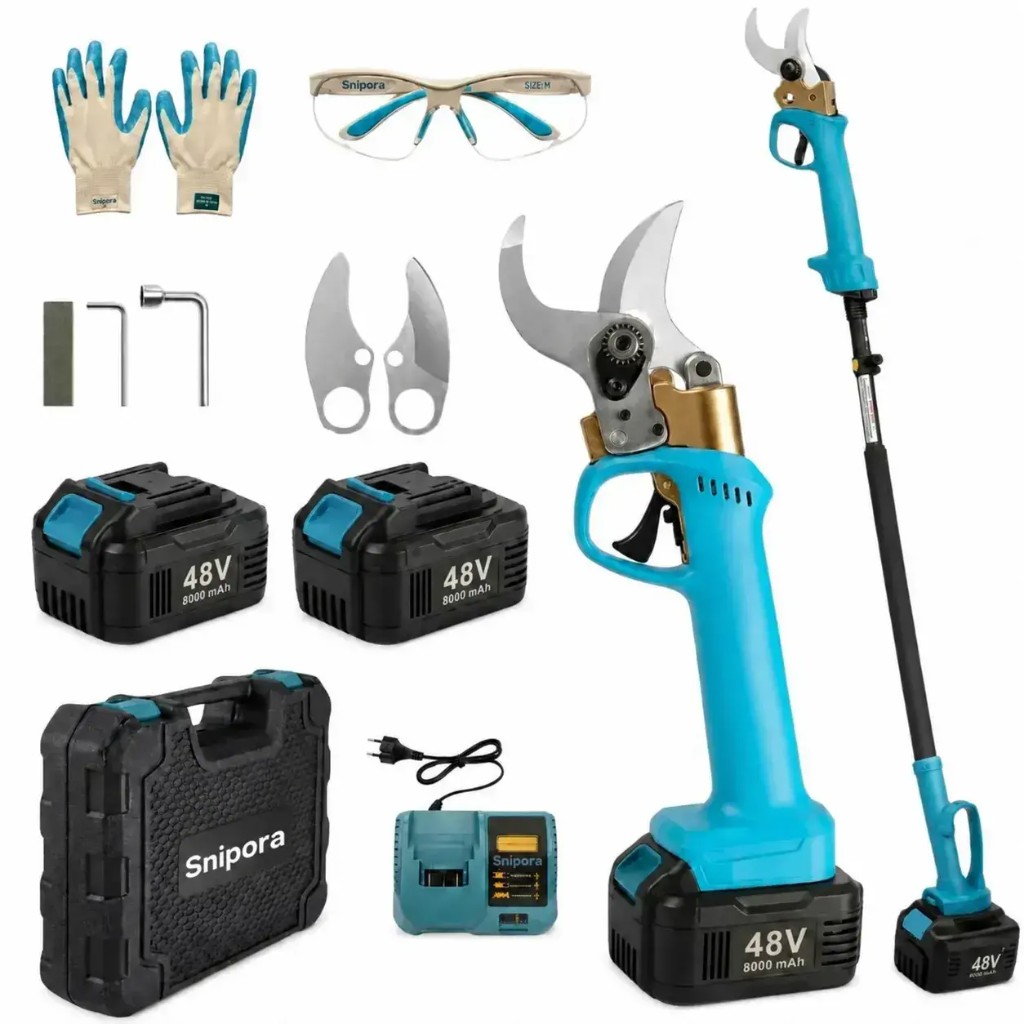Snipora™ — 48V electric pruning shears with 5 m telescopic pole and dual battery kit