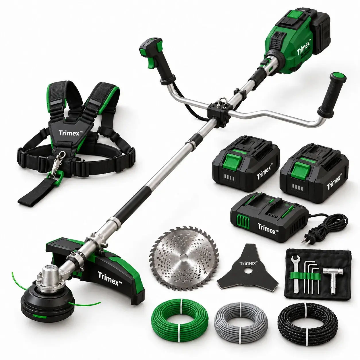 Trimex™ — cordless grass trimmer with dual 60V battery and interchangeable cutting heads