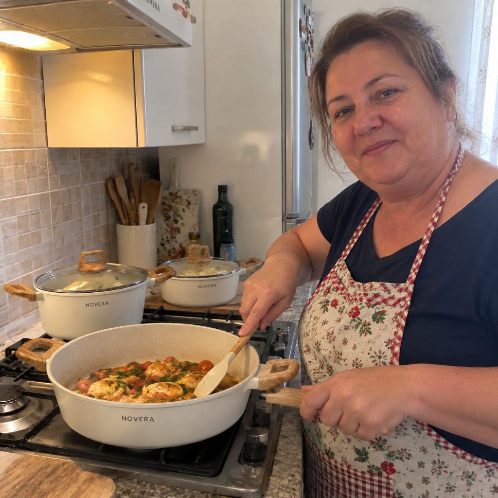 Kunde kocht Huhn und Tomaten in NOVERA Pfanne auf Gasherd